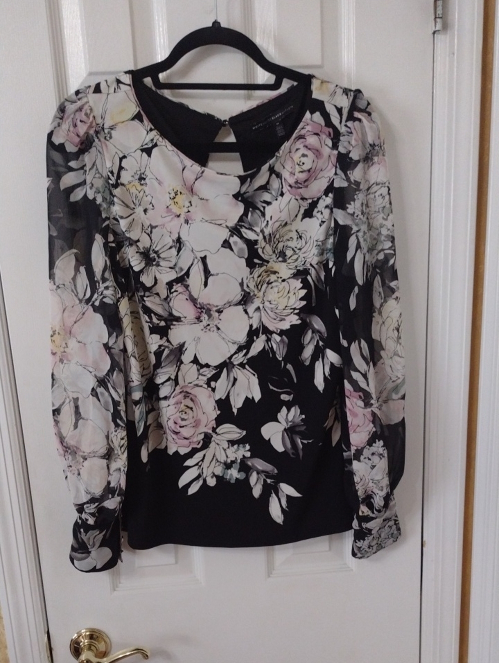 White House Black Market Black Floral Sheer-Sleeve Blouse